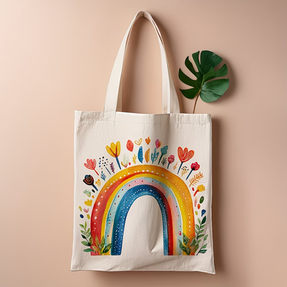 1 Rainbow Flower Canvas Handbag - Women's Reusable Grocery and Shoulder Bag