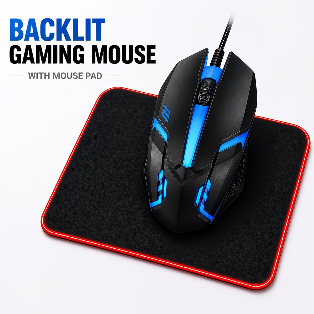 Wired gaming mouse with LED lights - ergonomically designed, USB connected, lightweight and portable, gaming mouse set, mouse and mouse pad in one