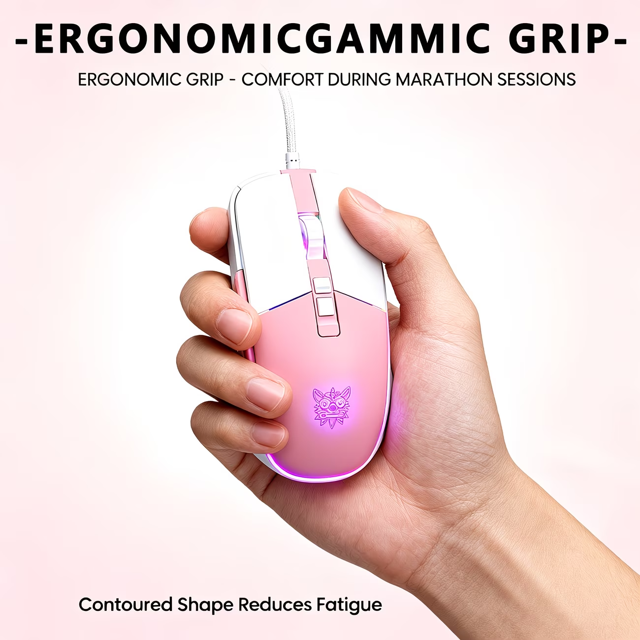 RGB gaming wired mouse with 7-key programmable quick adjustment, ergonomic design, pink light, USB power supply