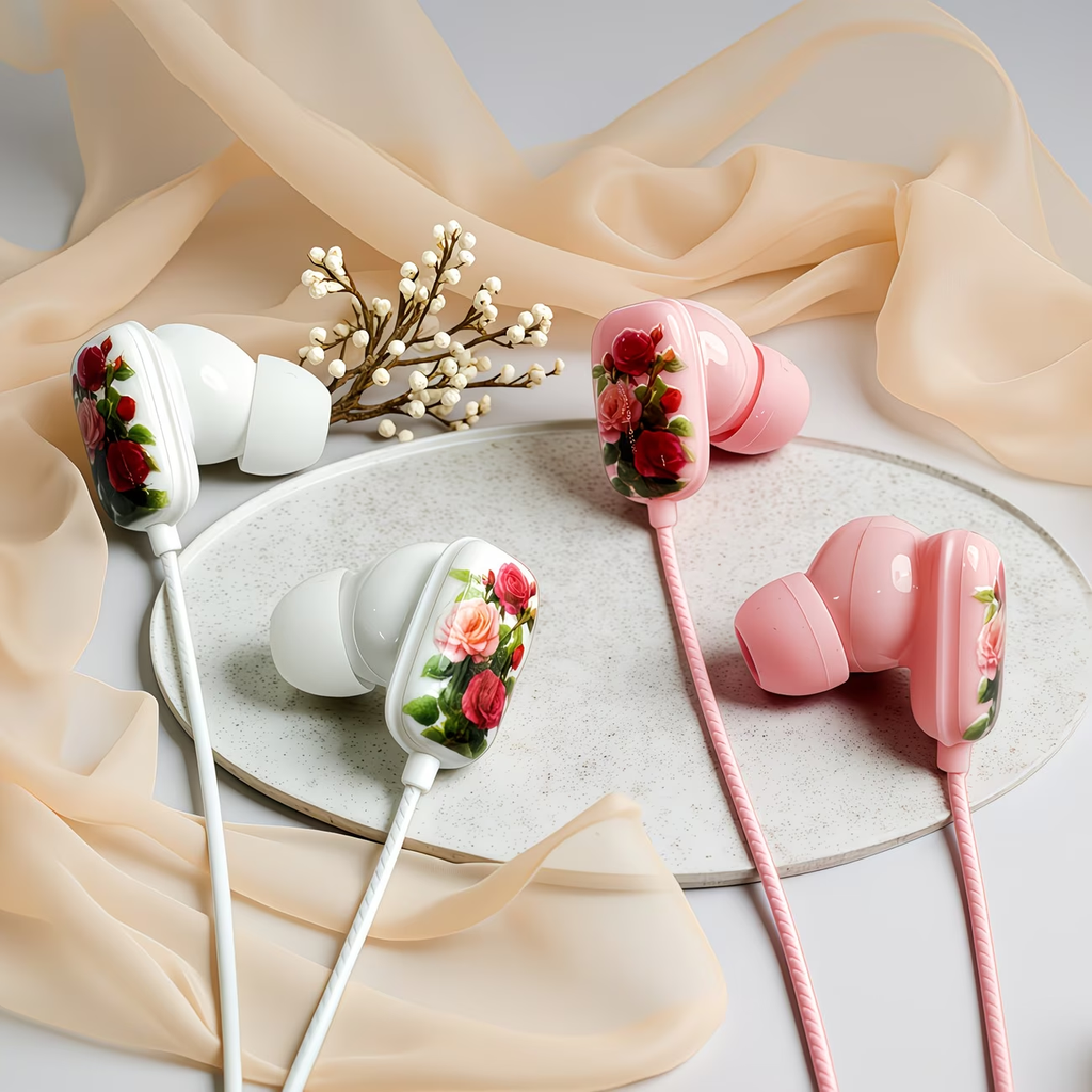 Novelty designed wired headphones, premium printed rose pattern, high-definition microphone, music adjustment, and volume control