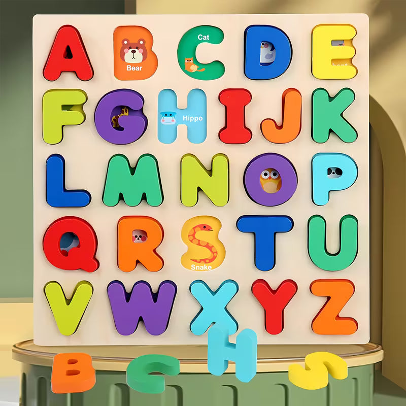 Mixed-color wooden letter and number puzzle