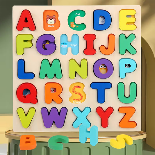 Mixed-color wooden letter and number puzzle