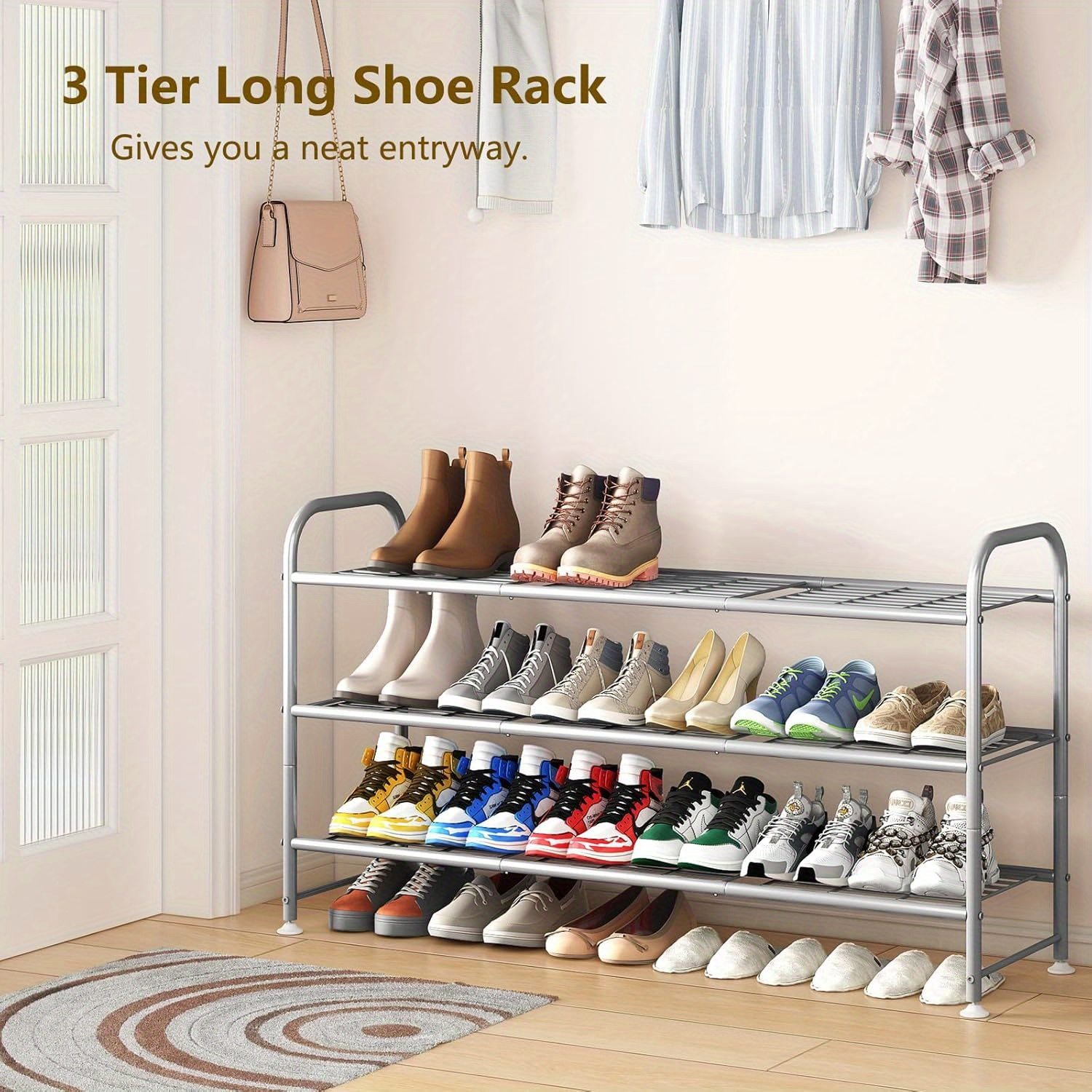 Shoe Rack with 3 Layers of Storage Suitable for Wardrobe Entrance Metallic Gray