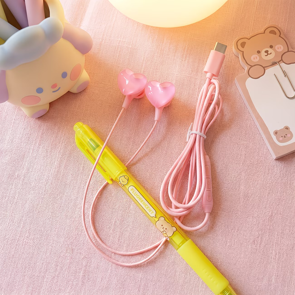 Type-C cartoon wired earphones with cute accessories, semi in ear pink earphones with built-in microphone and volume control