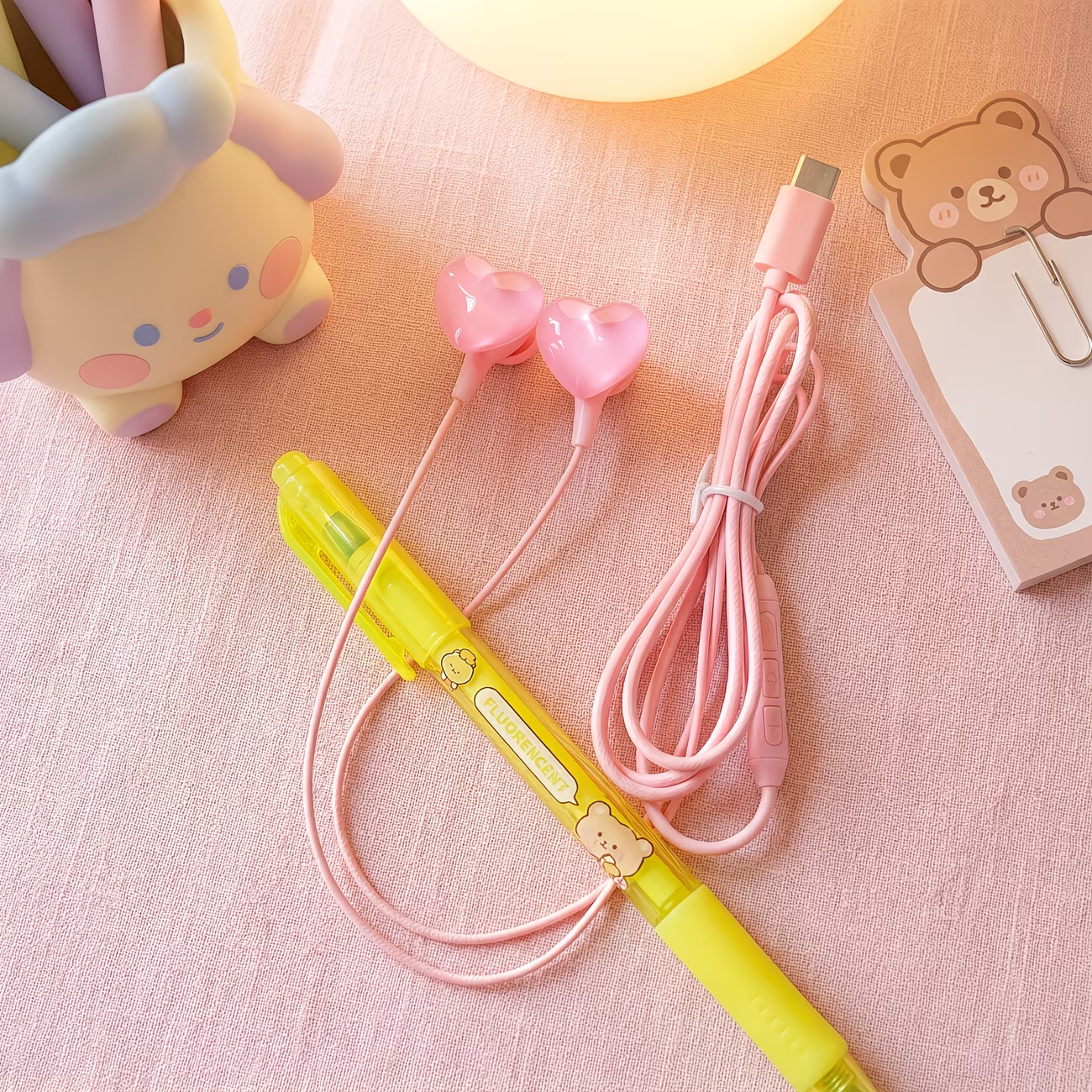 Type-C cartoon wired earphones with cute accessories, semi in ear pink earphones with built-in microphone and volume control