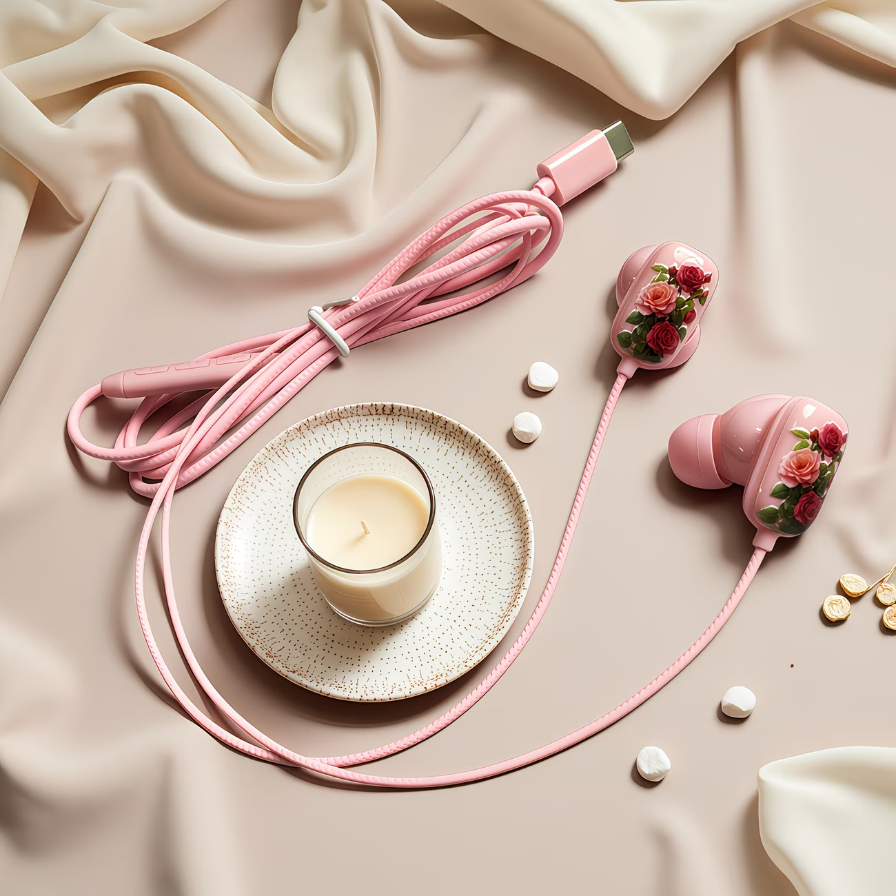 Novelty designed wired headphones, premium printed rose pattern, high-definition microphone, music adjustment, and volume control