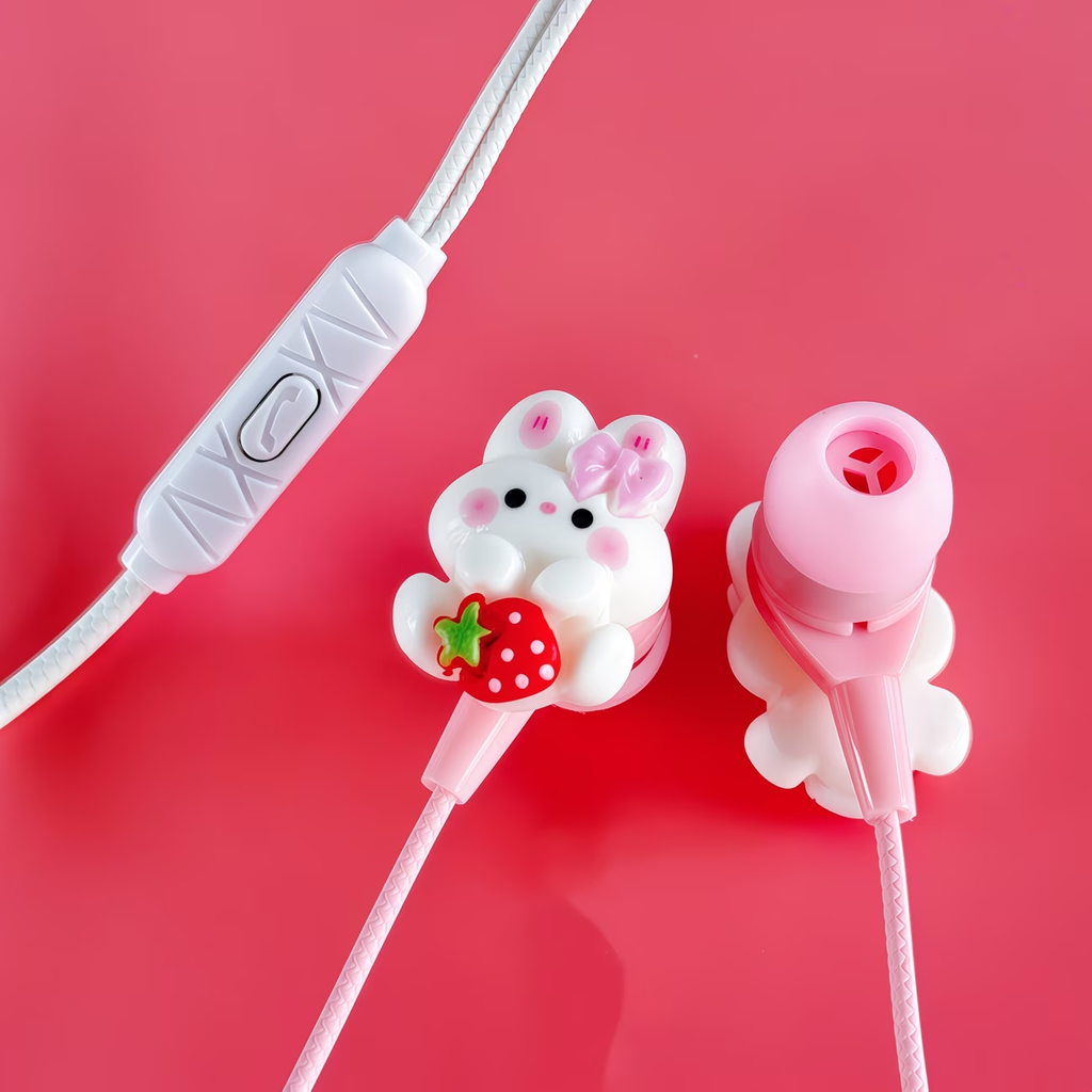 Wired earphones with DIY cute rabbit accessories, pink student earphones with microphone, clear sound quality