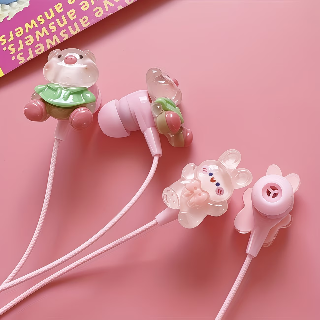 Pink new TYPE-C wired earphones with cute DIY cartoon jewelry, built-in microphone and volume adjustment