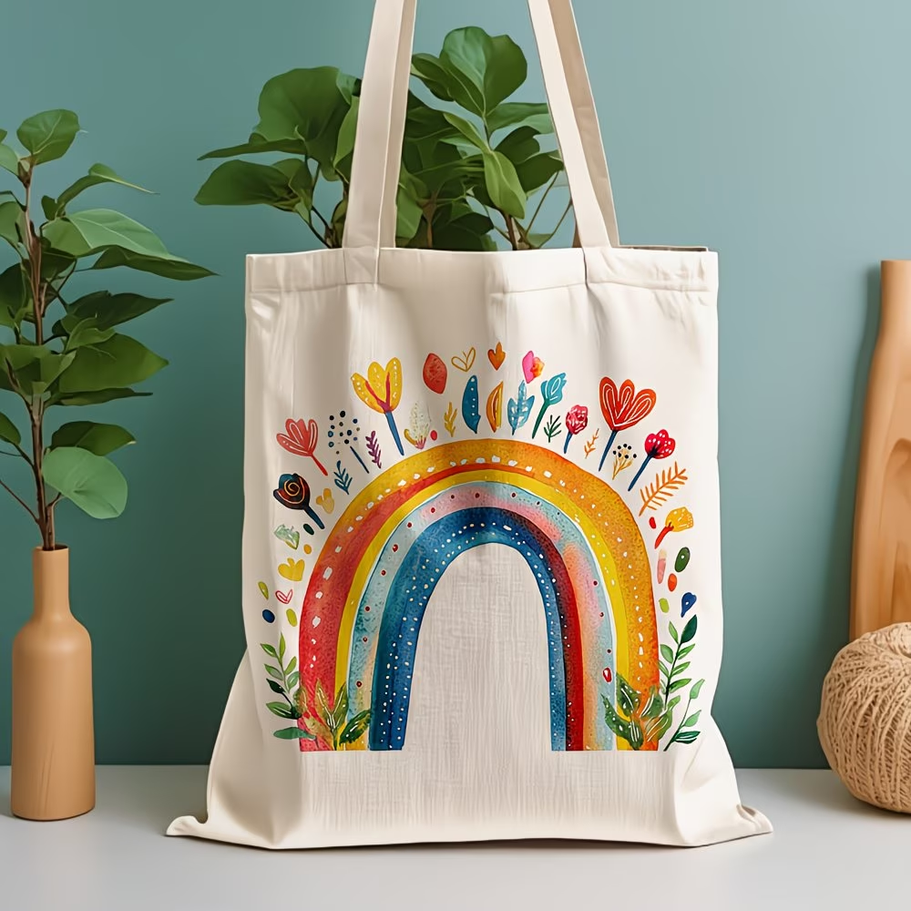 1 Rainbow Flower Canvas Handbag - Women's Reusable Grocery and Shoulder Bag