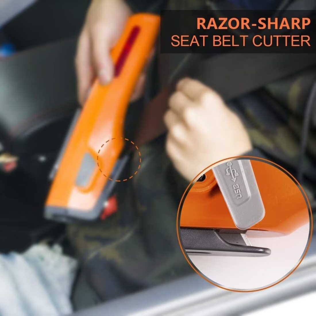 Orange 8-in-1 Car Safety Tool with Long-Lasting Flashlight & Rescue Window Breaker