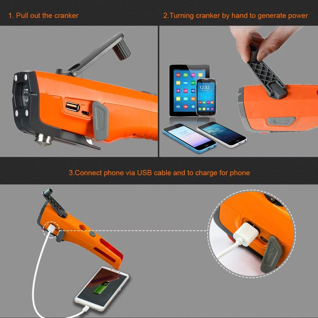 Orange 8-in-1 Car Safety Tool with Long-Lasting Flashlight & Rescue Window Breaker