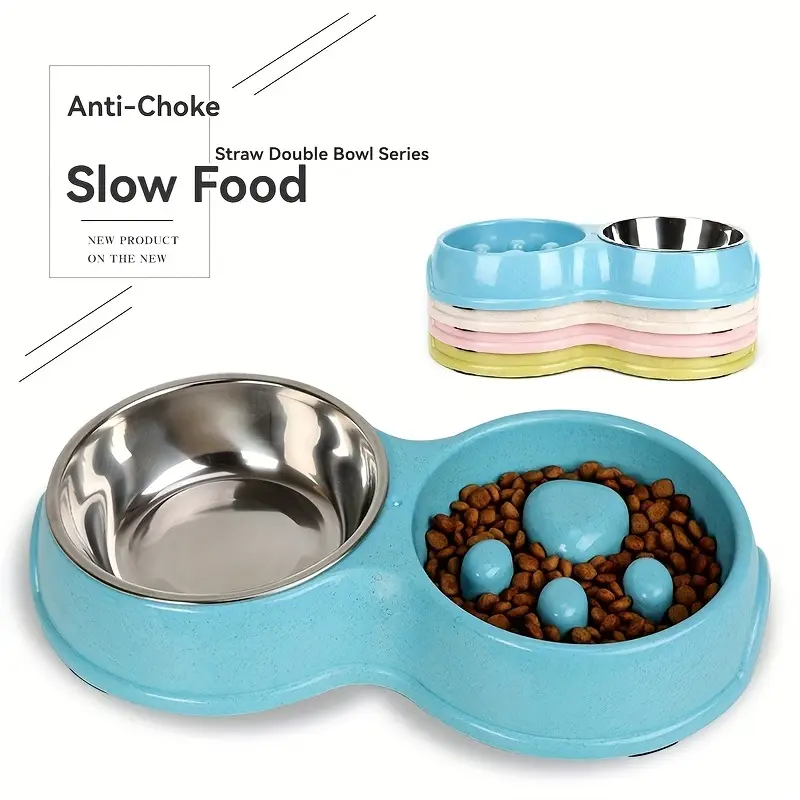 2-in-1 stainless steel slow feed/water bowl, suitable for dogs.