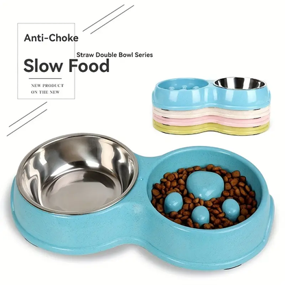 2-in-1 stainless steel slow feed/water bowl, suitable for dogs.