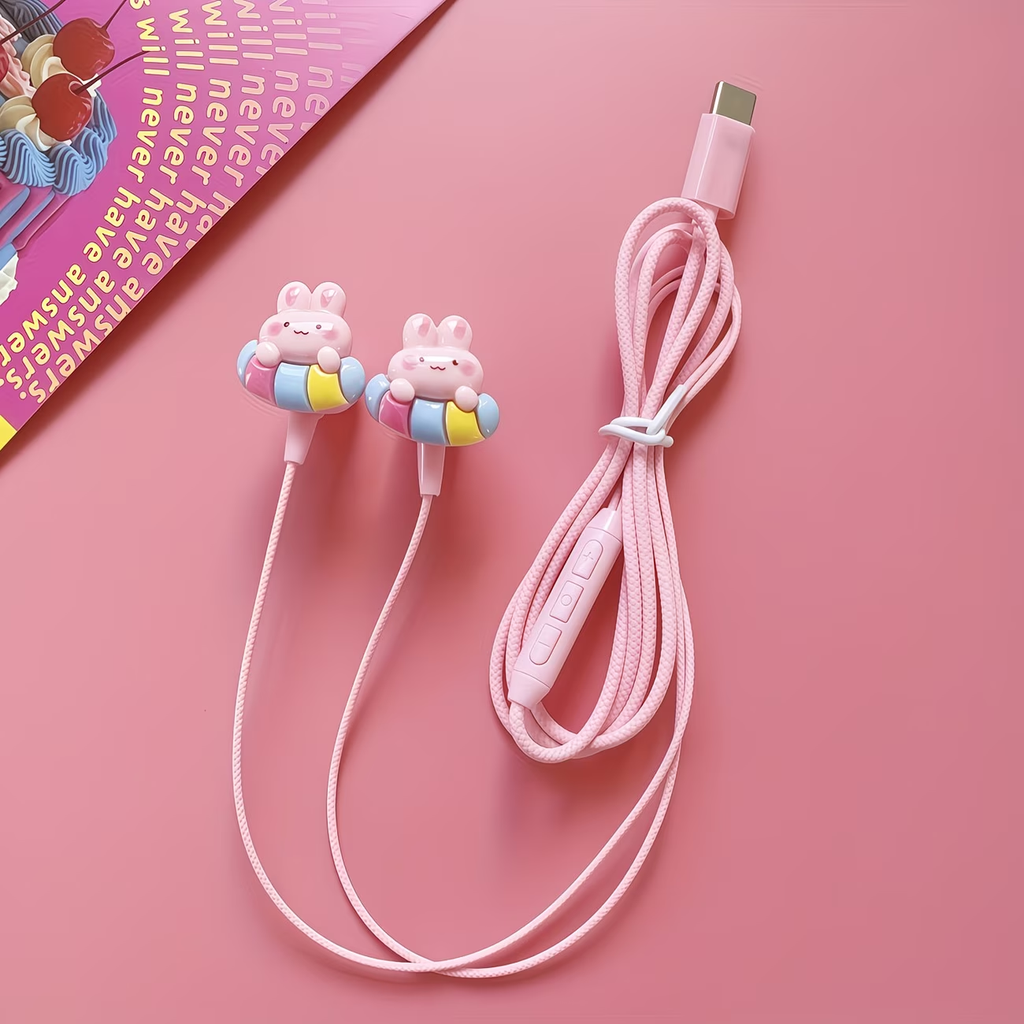Pink new TYPE-C wired earphones with cute DIY cartoon jewelry, built-in microphone and volume adjustment
