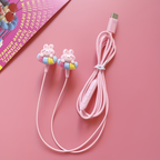 Pink new TYPE-C wired earphones with cute DIY cartoon jewelry, built-in microphone and volume adjustment