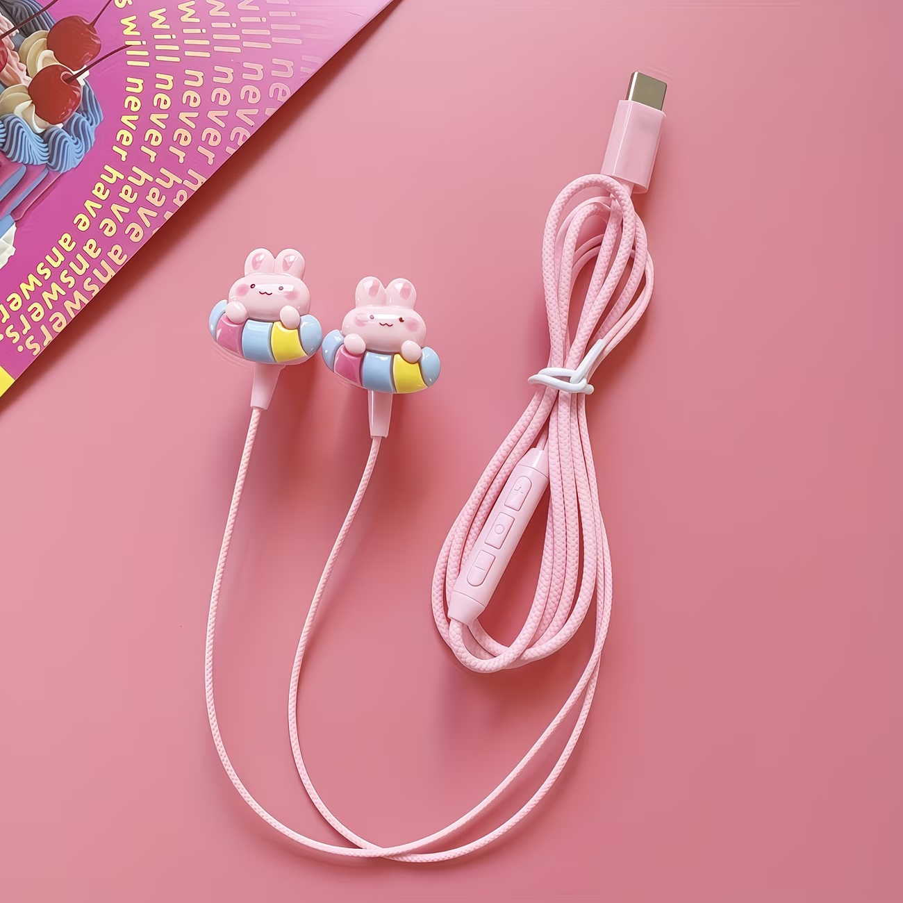 Pink new TYPE-C wired earphones with cute DIY cartoon jewelry, built-in microphone and volume adjustment