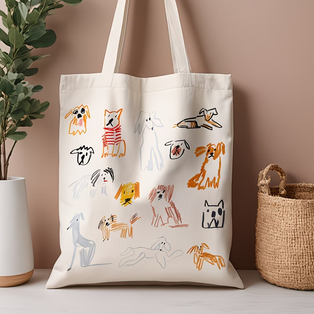 1 whimsical dog illustration canvas handbag