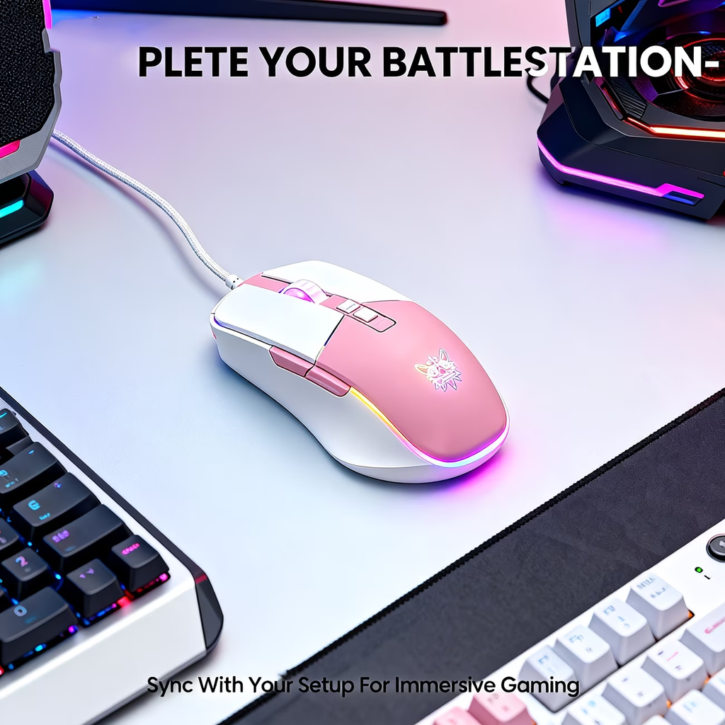 RGB gaming wired mouse with 7-key programmable quick adjustment, ergonomic design, pink light, USB power supply