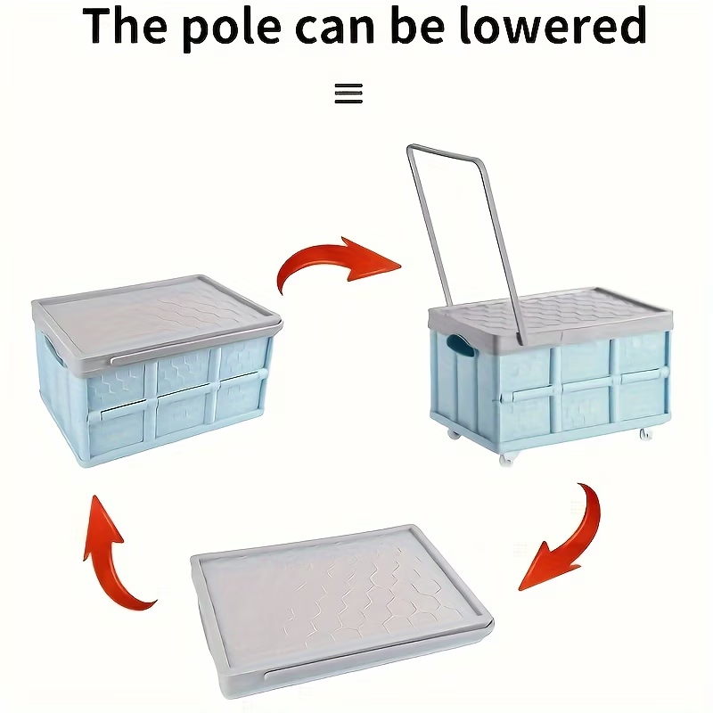 One portable clothing storage box with wheels and a pull rod.