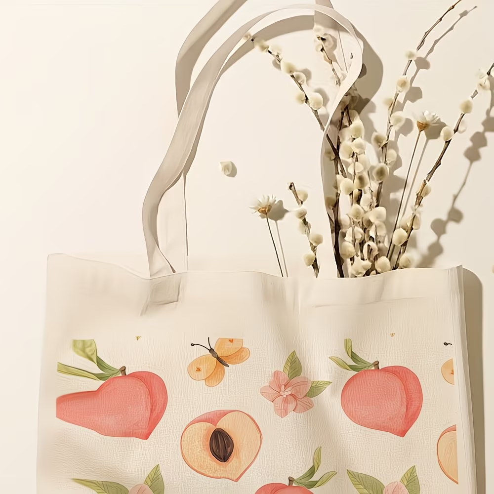 1 piece, peach blossom fruit canvas handbag, reusable grocery bag