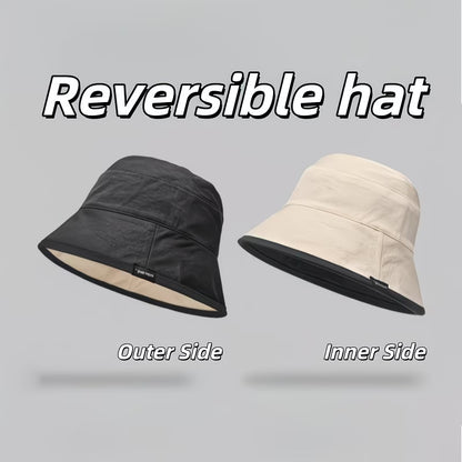 Reversible bucket hat with a narrow brim.