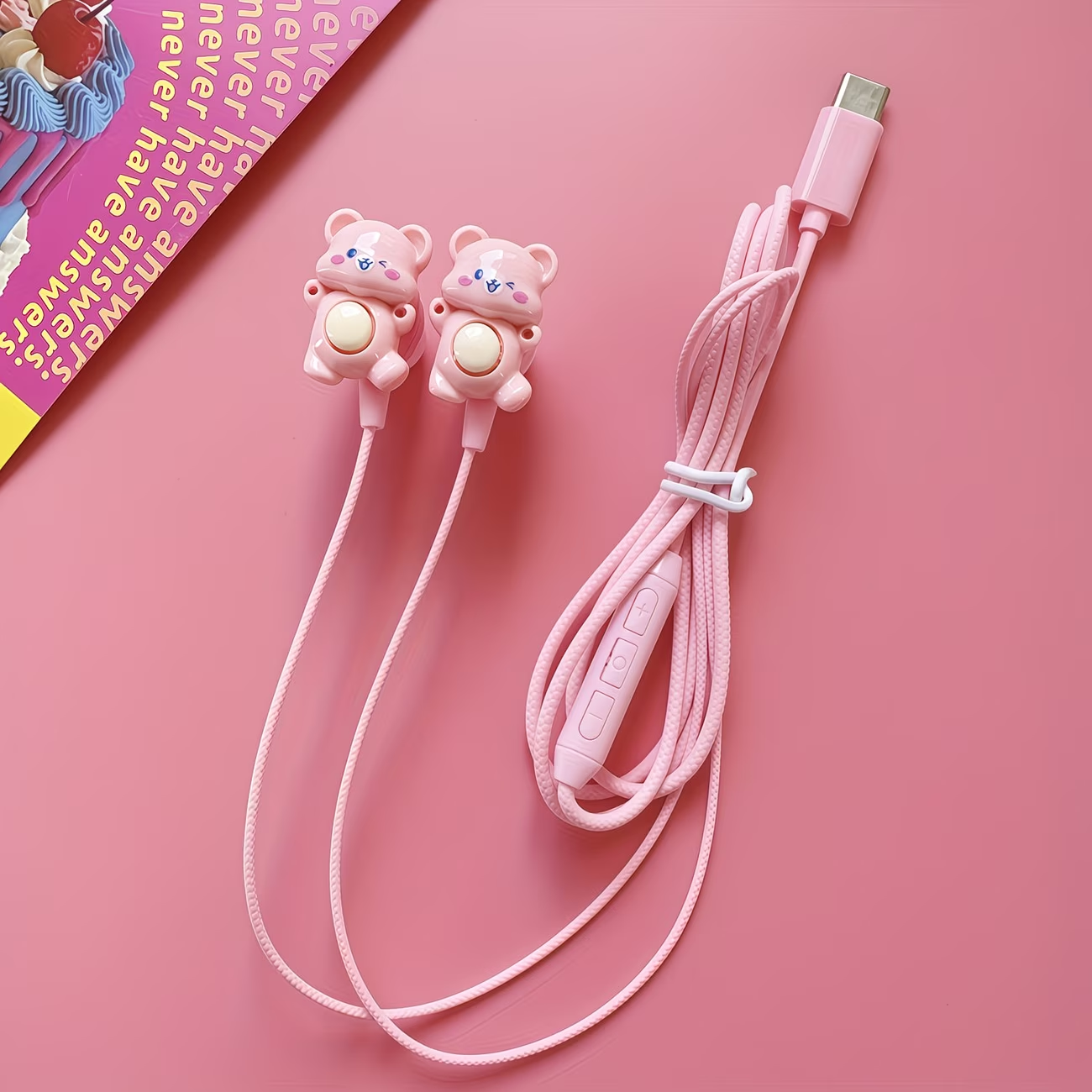 Pink new TYPE-C wired earphones with cute DIY cartoon jewelry, built-in microphone and volume adjustment