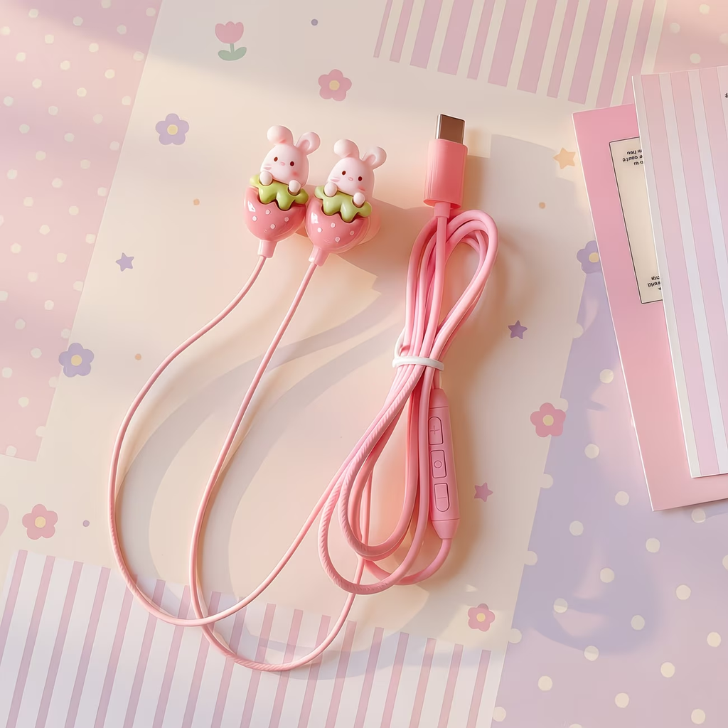 Type-C cartoon wired earphones with cute accessories, semi in ear pink earphones with built-in microphone and volume control