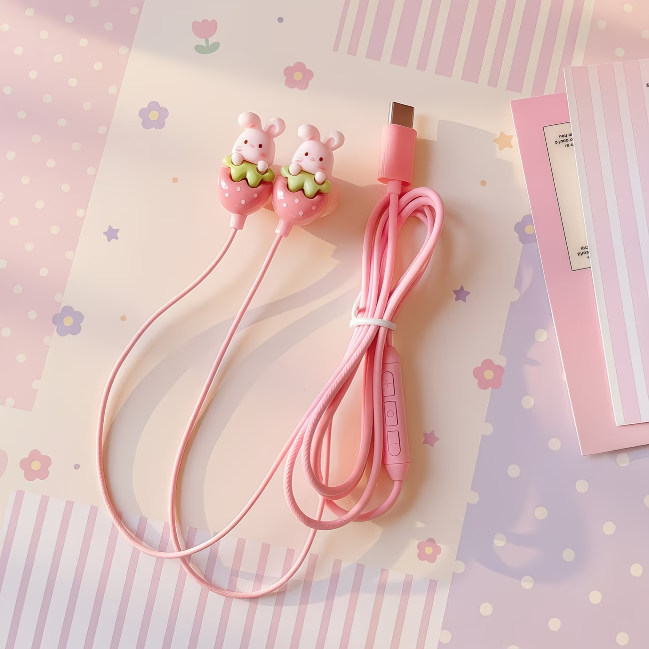 Type-C cartoon wired earphones with cute accessories, semi in ear pink earphones with built-in microphone and volume control