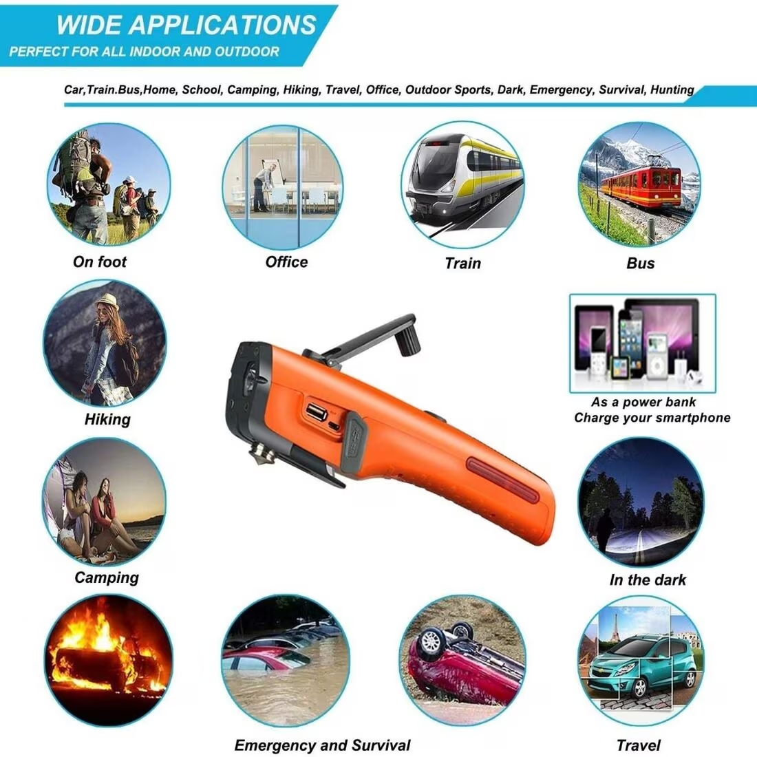 Orange 8-in-1 Car Safety Tool with Long-Lasting Flashlight & Rescue Window Breaker