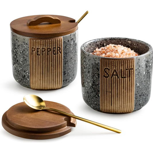 Ceramic salt and pepper bowl set with marble-look grey wood lid