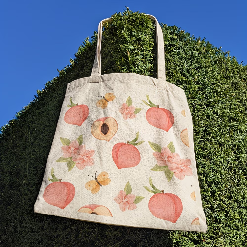 1 piece, peach blossom fruit canvas handbag, reusable grocery bag