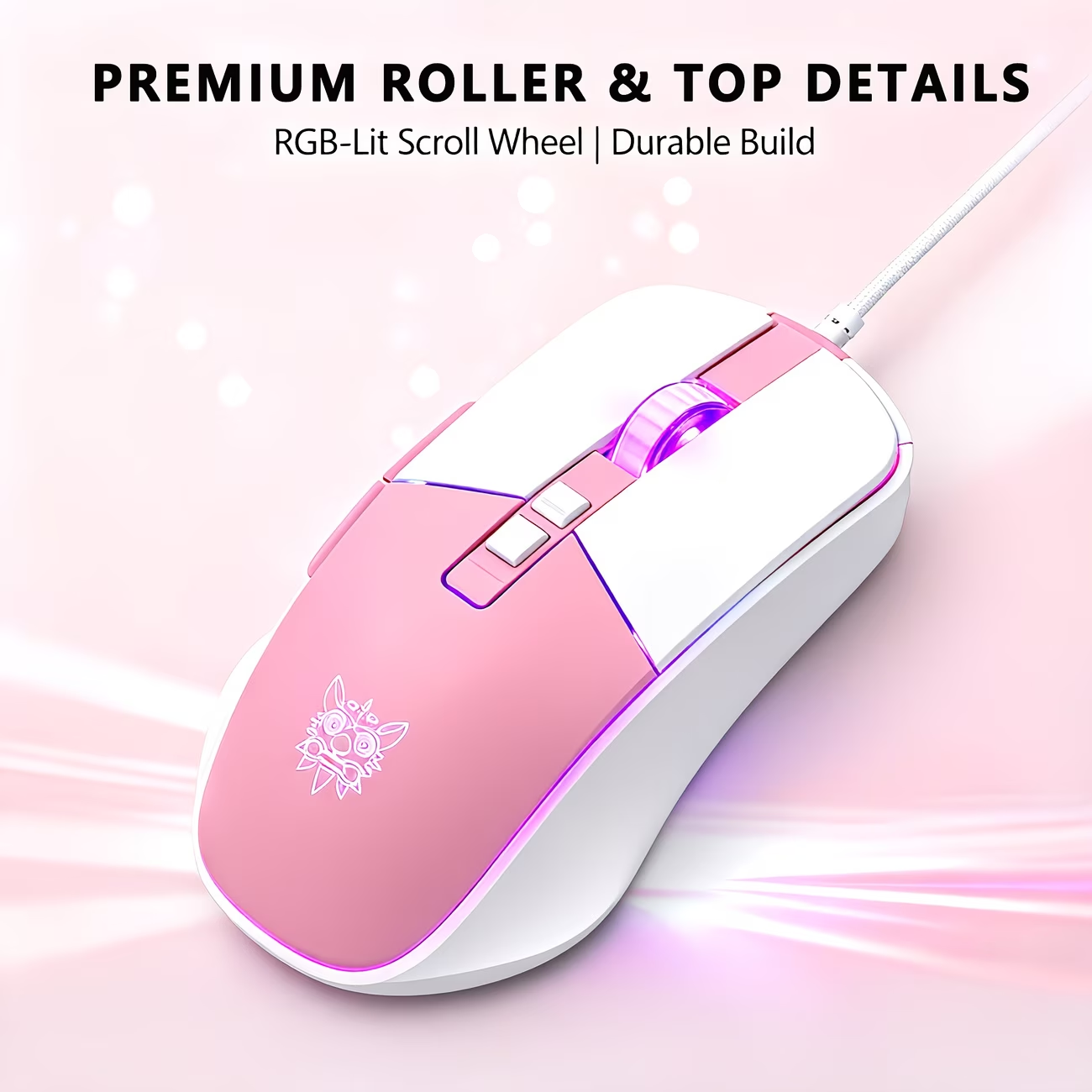 RGB gaming wired mouse with 7-key programmable quick adjustment, ergonomic design, pink light, USB power supply