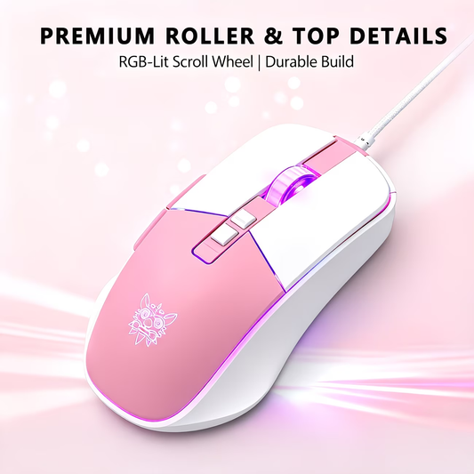 RGB gaming wired mouse with 7-key programmable quick adjustment, ergonomic design, pink light, USB power supply