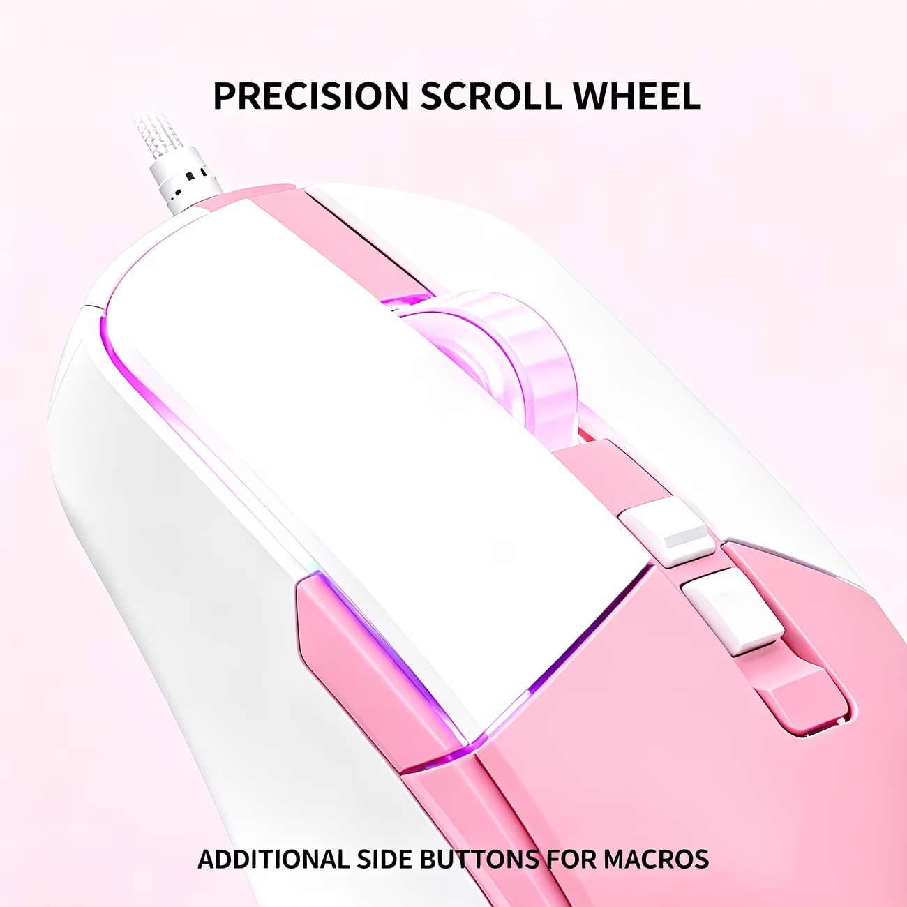 RGB gaming wired mouse with 7-key programmable quick adjustment, ergonomic design, pink light, USB power supply