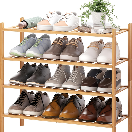 Four-tier bamboo shoe rack, suitable for both indoor and outdoor use.