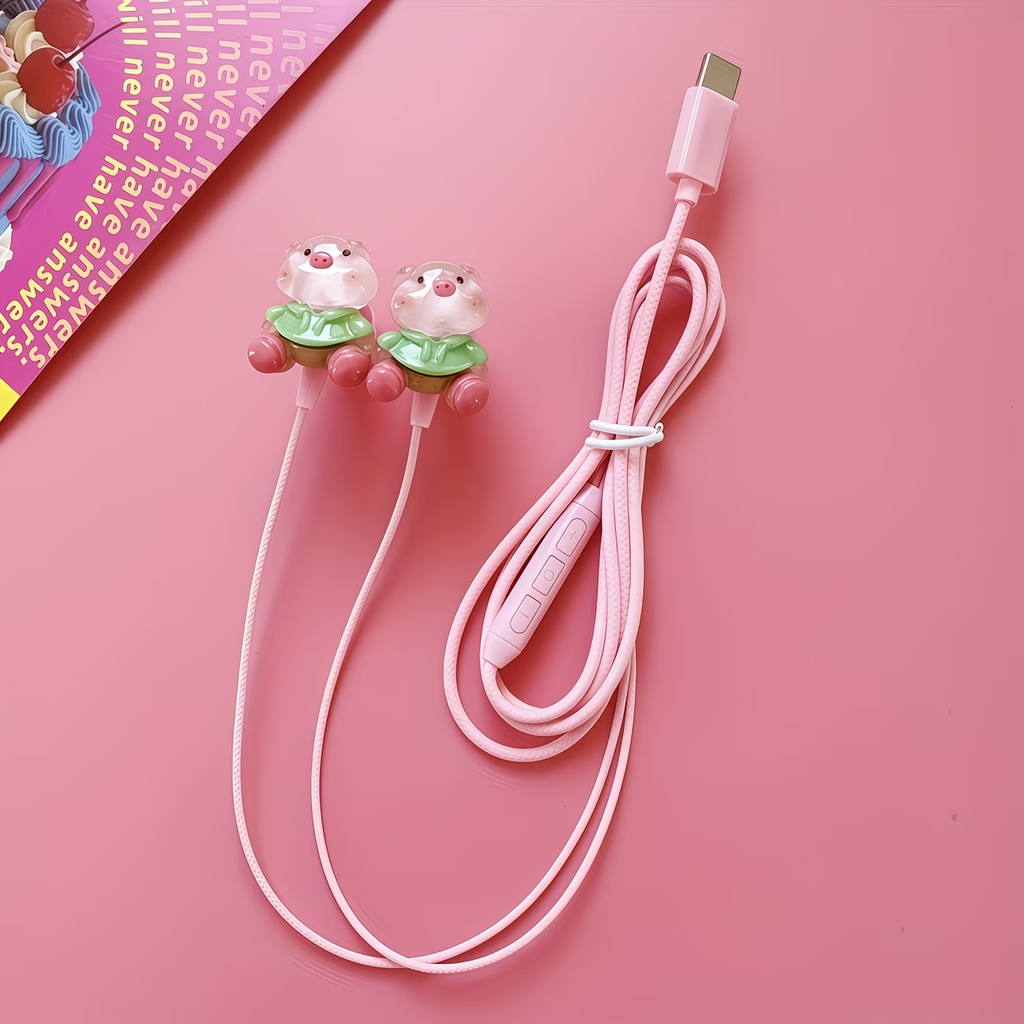 Pink new TYPE-C wired earphones with cute DIY cartoon jewelry, built-in microphone and volume adjustment