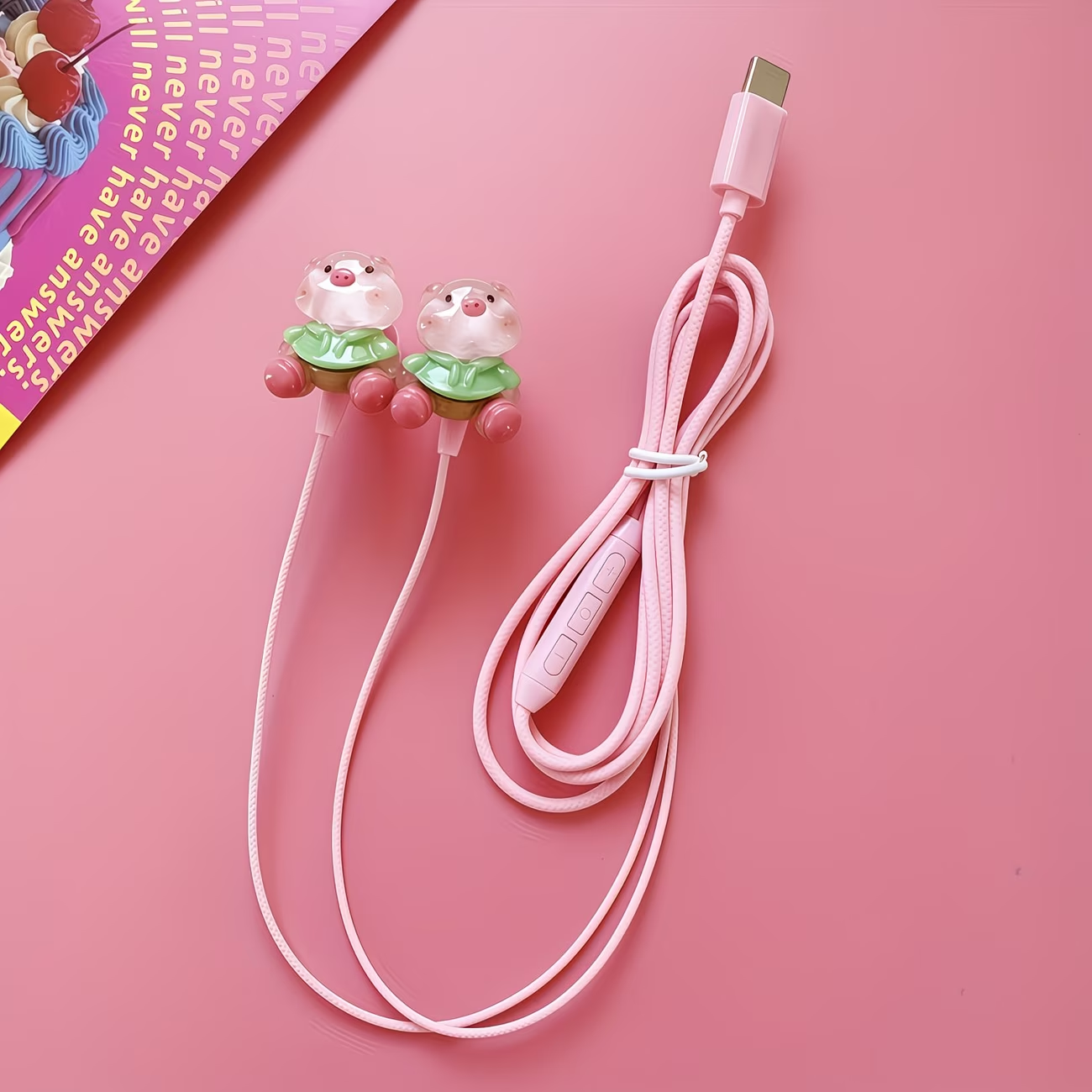 Pink new TYPE-C wired earphones with cute DIY cartoon jewelry, built-in microphone and volume adjustment