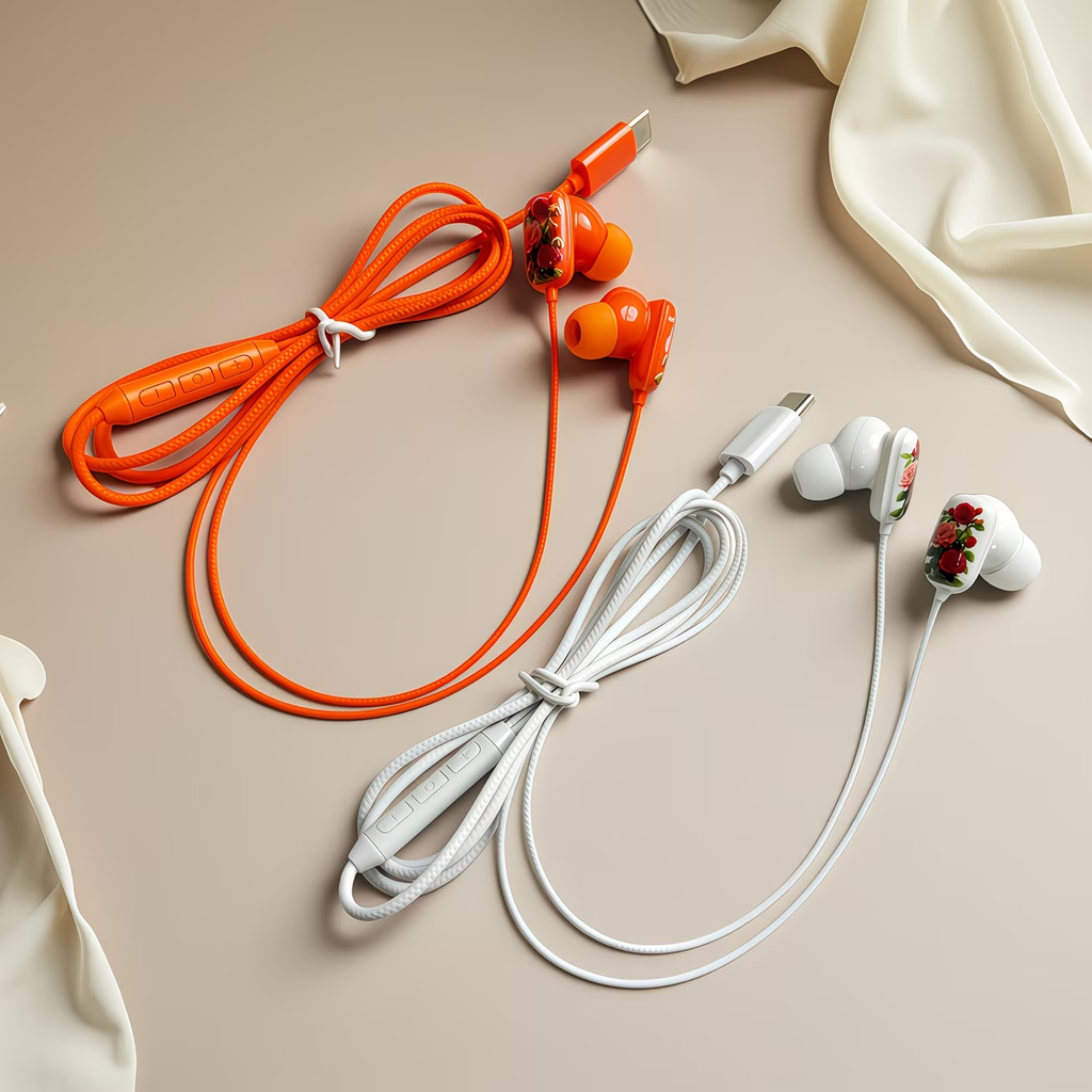 Novelty designed wired headphones, premium printed rose pattern, high-definition microphone, music adjustment, and volume control