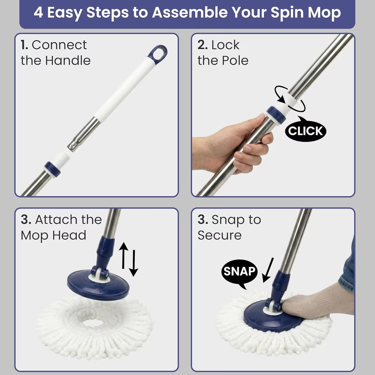 Spin mop set with a double-bucket design, one for clean water and one for dirty water.