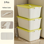 Three plastic storage boxes with lids, snaps, and handles, suitable for home organization.