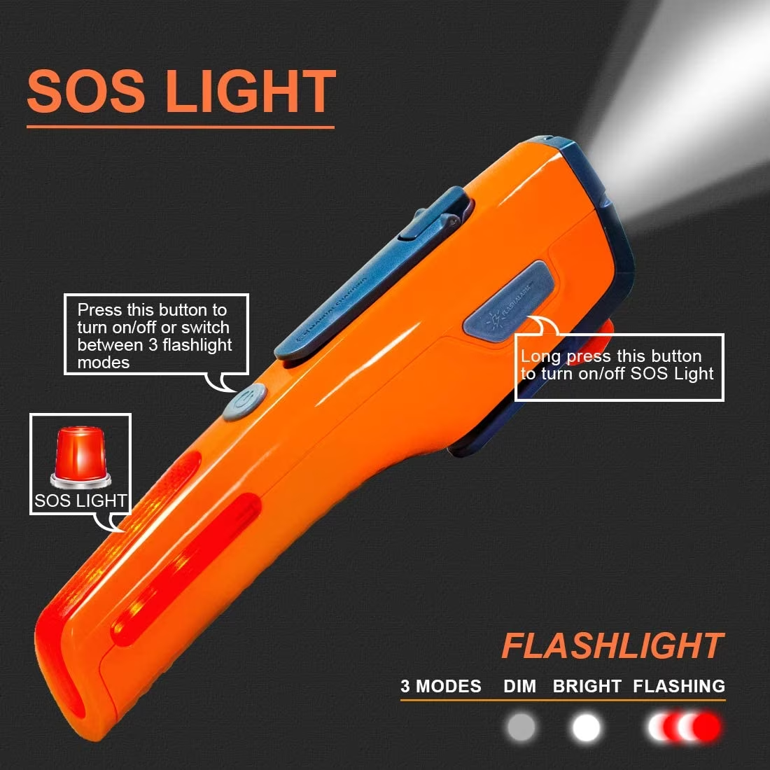 Orange 8-in-1 Car Safety Tool with Long-Lasting Flashlight & Rescue Window Breaker