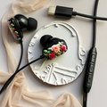 Novelty designed wired headphones, premium printed rose pattern, high-definition microphone, music adjustment, and volume control