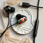Novelty designed wired headphones, premium printed rose pattern, high-definition microphone, music adjustment, and volume control