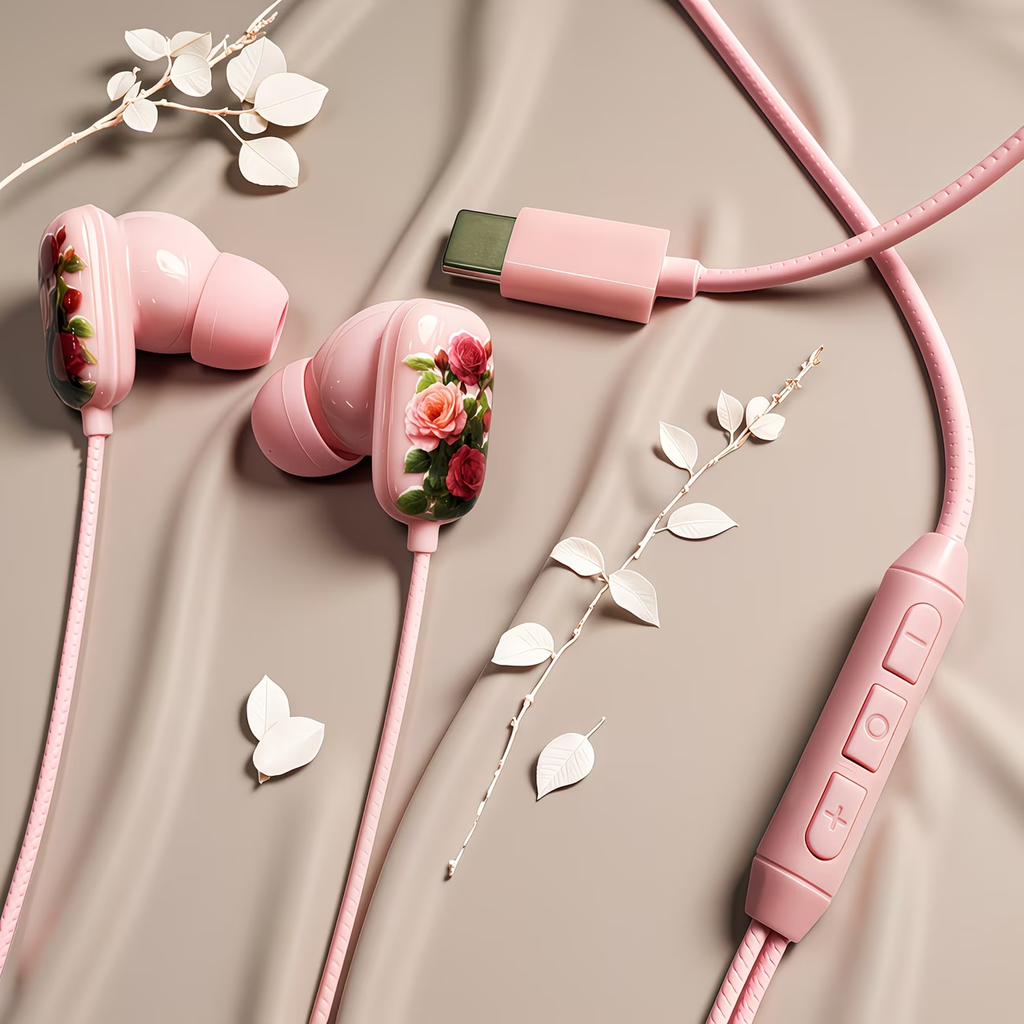 Novelty designed wired headphones, premium printed rose pattern, high-definition microphone, music adjustment, and volume control