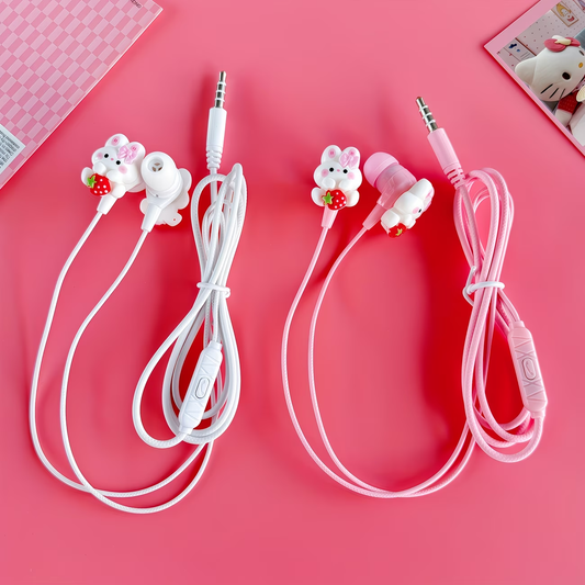 Wired earphones with DIY cute rabbit accessories, pink student earphones with microphone, clear sound quality