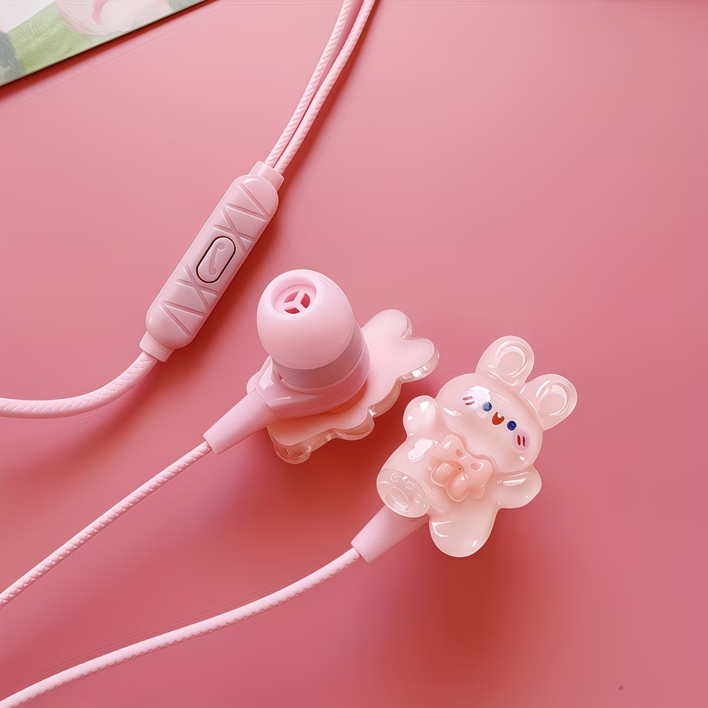 Pink new TYPE-C wired earphones with cute DIY cartoon jewelry, built-in microphone and volume adjustment