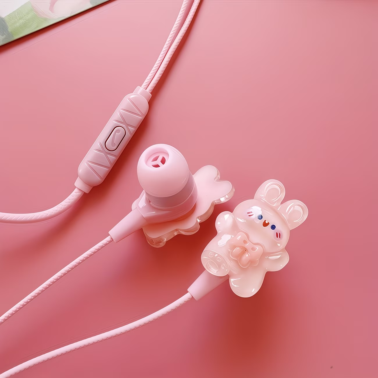 Pink new TYPE-C wired earphones with cute DIY cartoon jewelry, built-in microphone and volume adjustment