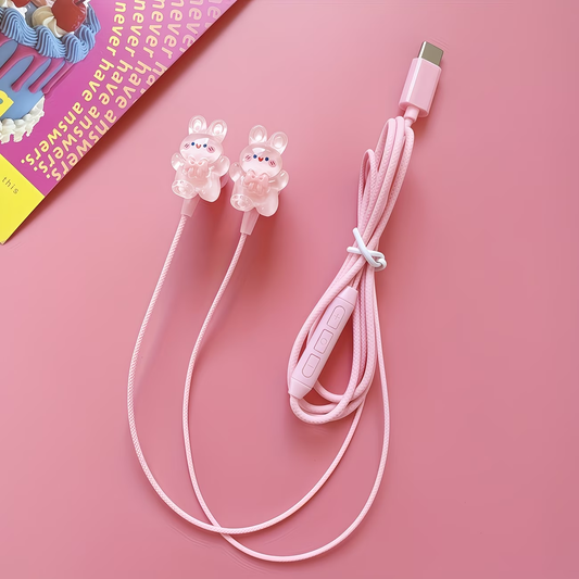 Pink new TYPE-C wired earphones with cute DIY cartoon jewelry, built-in microphone and volume adjustment