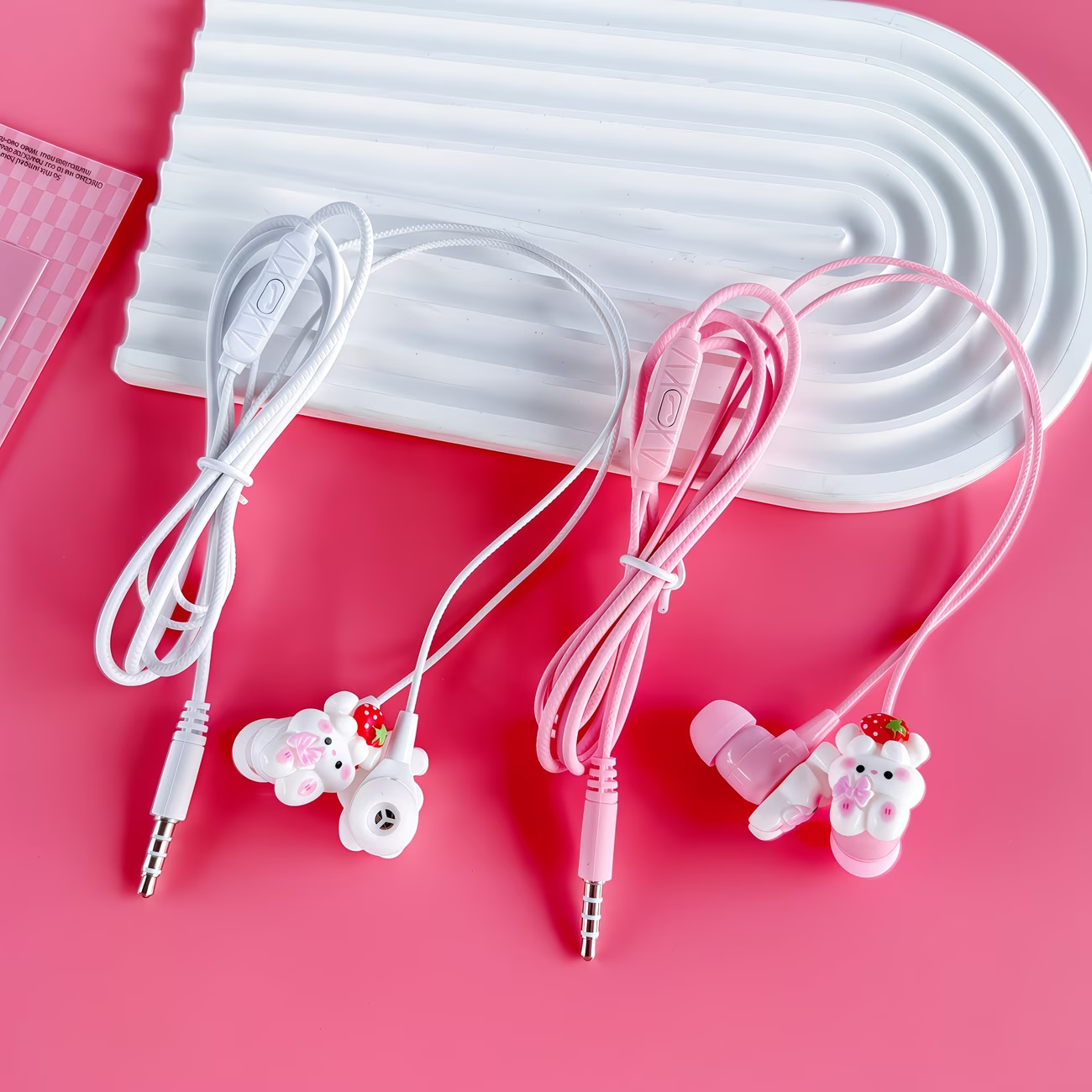 Wired earphones with DIY cute rabbit accessories, pink student earphones with microphone, clear sound quality