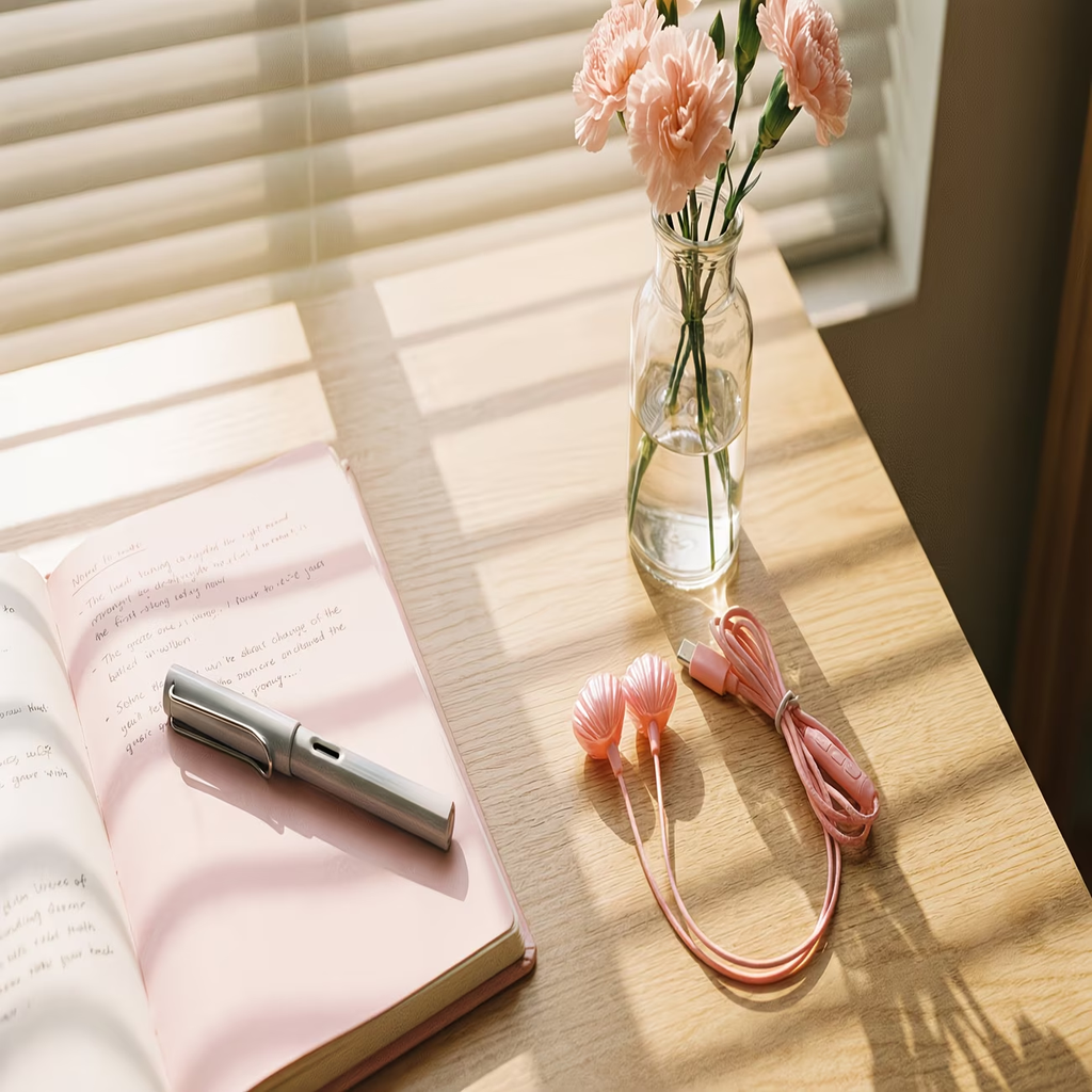 Type-C cartoon wired earphones with cute accessories, semi in ear pink earphones with built-in microphone and volume control